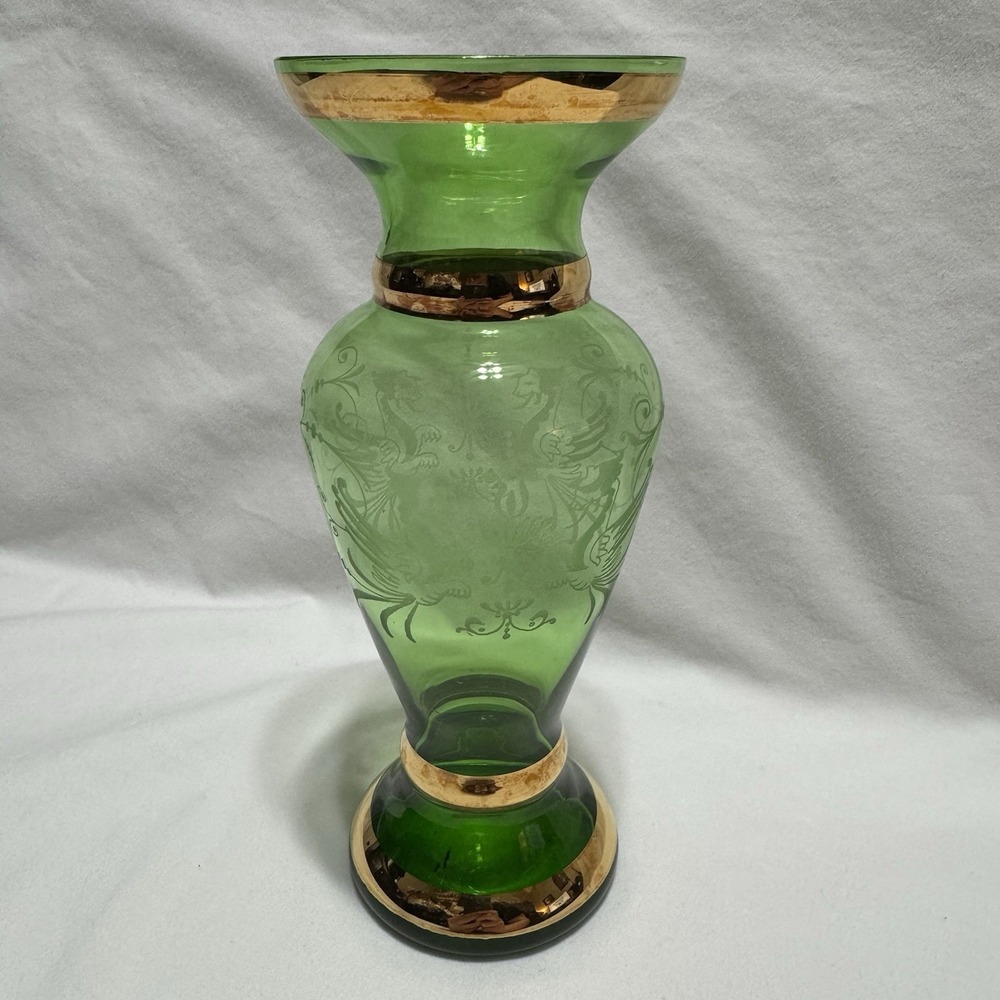 Vintage Bohemia Green Etched Crystal Vase Gold Gilt Bands Czech 1940s